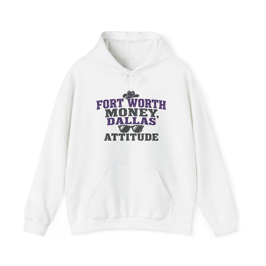 White pullover hoodie with front graphic text and kangaroo pocket