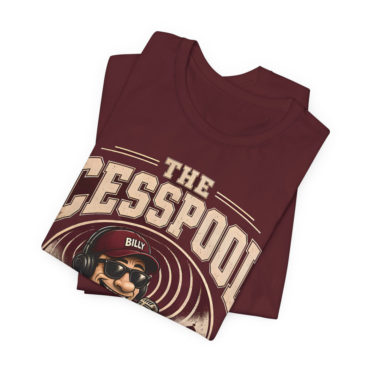Maroon graphic tee folded flat, showing large radio-themed front print