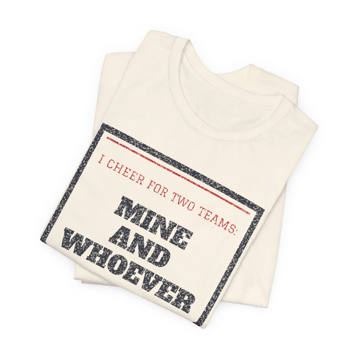 Natural/cream crewneck T-shirt with “Mine and whoever” rival graphic on the chest.