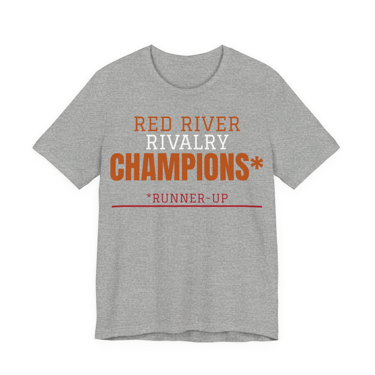 Heather gray crewneck T-shirt with orange and white 'Red River Rivalry Champions*' graphic