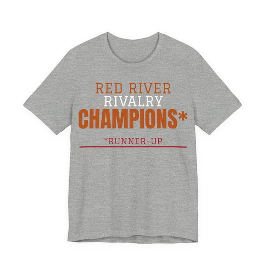 Heather gray crewneck T-shirt with orange and white 'Red River Rivalry Champions*' graphic