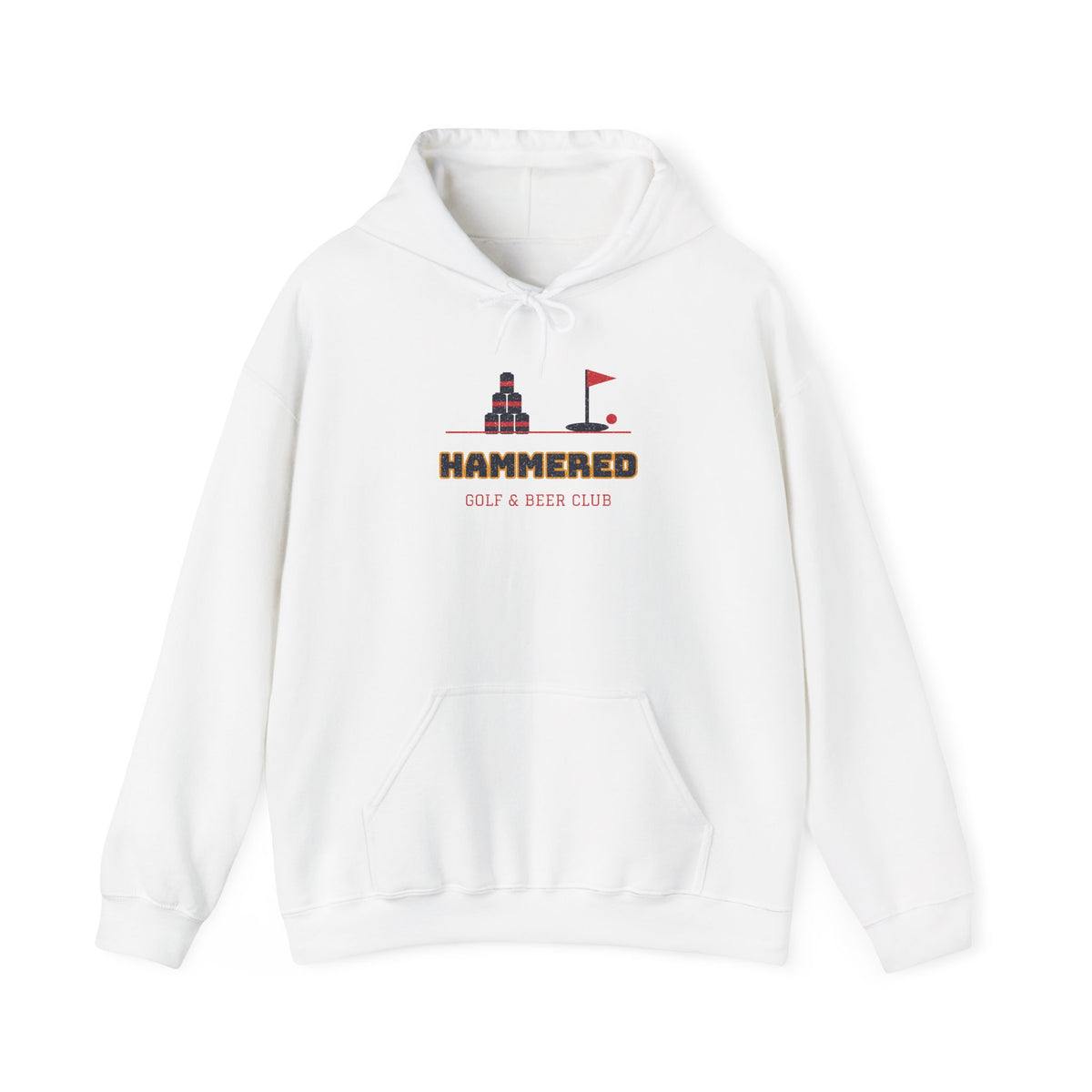 White pullover hoodie with front pocket, drawstring hood, and HAMMERED logo print