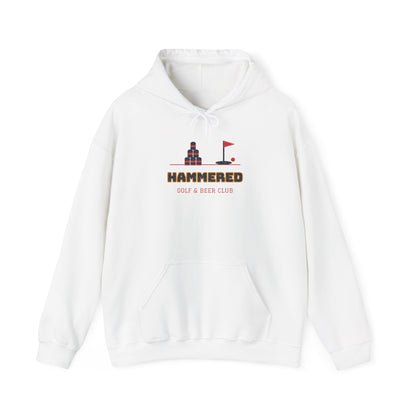 White pullover hoodie with front pocket, drawstring hood, and HAMMERED logo print