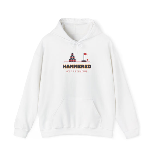 White pullover hoodie with front pocket, drawstring hood, and HAMMERED logo print