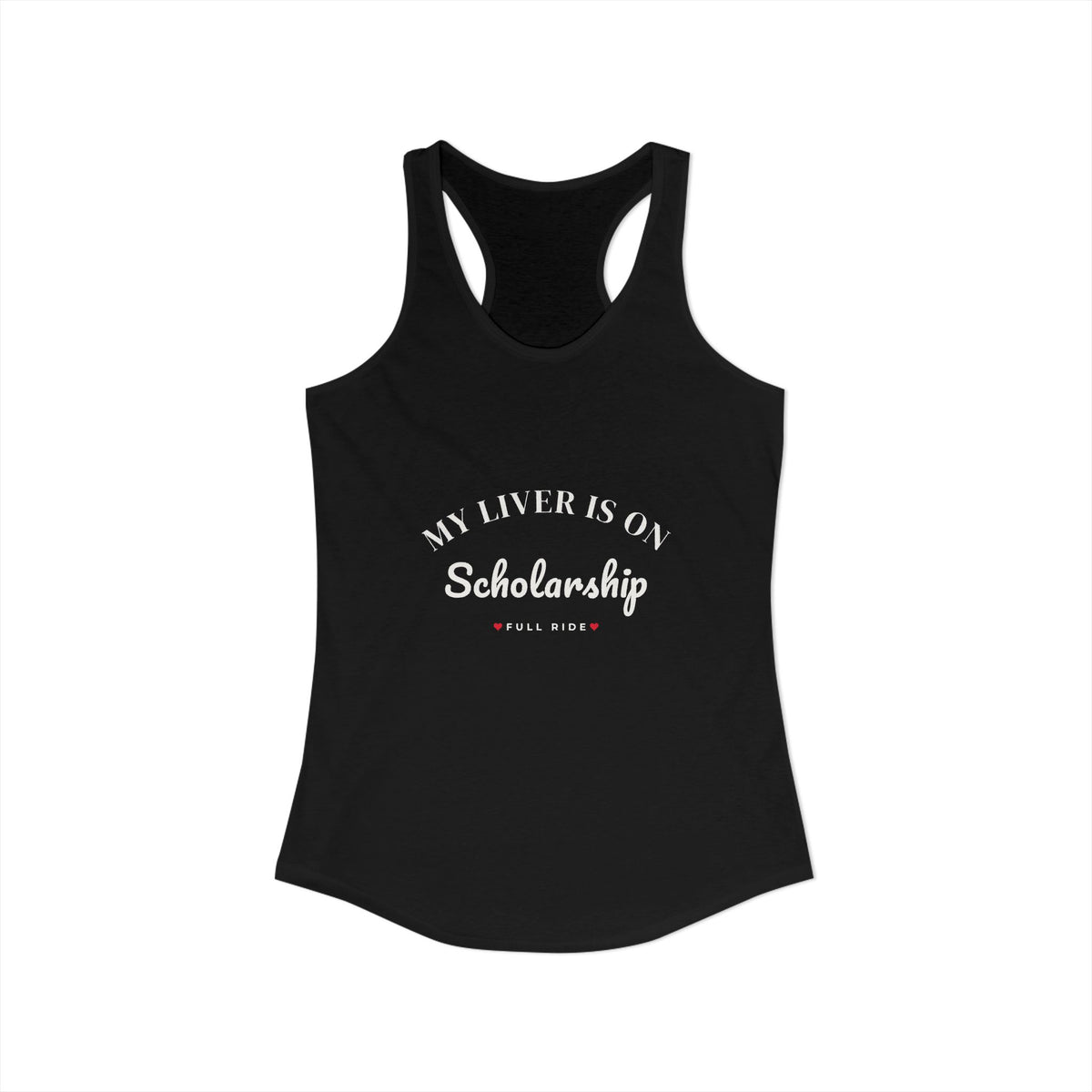 Black racerback tank top with scoop neck and cutout back; white text graphic on front