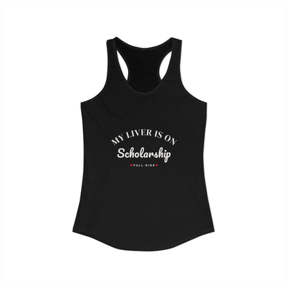 Black racerback tank top with scoop neck and cutout back; white text graphic on front