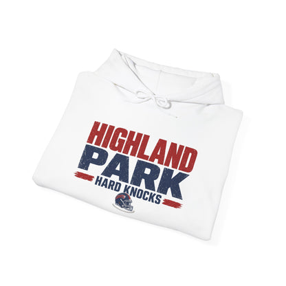 Folded white pullover hoodie showing front graphic and drawstring hood