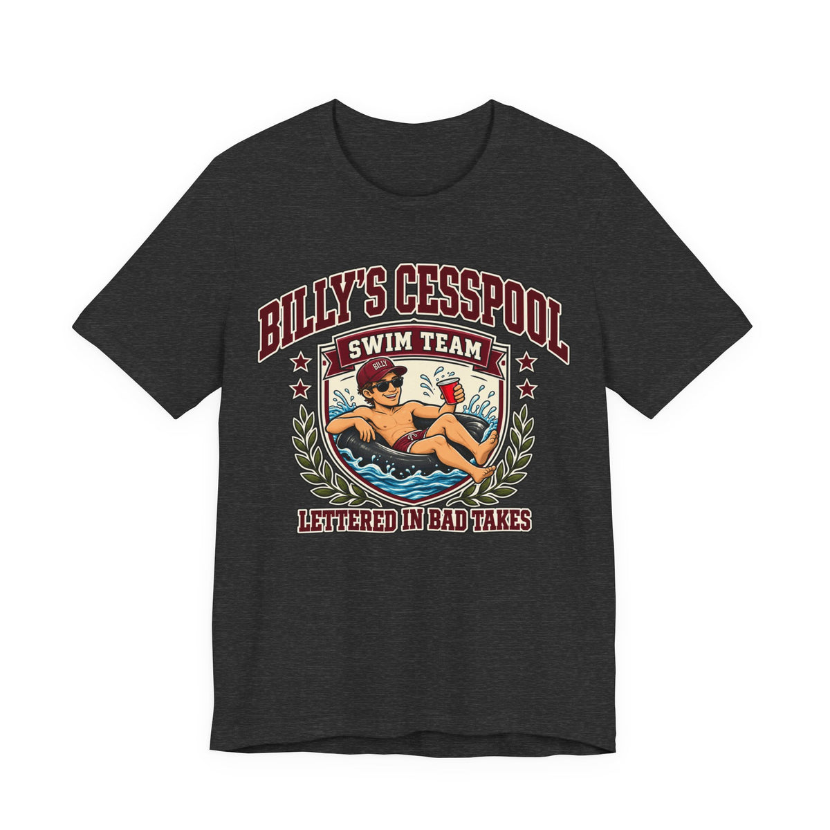 Dark heather grey swim team graphic tee with Billy's Cesspool lettering