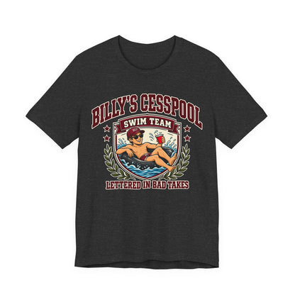 Dark heather grey swim team graphic tee with Billy's Cesspool lettering