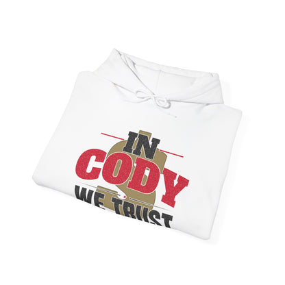 White folded pullover hoodie with drawstring hood and Cody We Trust chest graphic