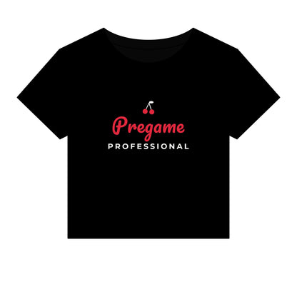 Black crew-neck crop top with Pregame Professional logo print