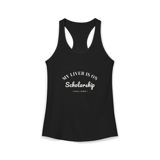 Black racerback tank top with scoop neck and cutout back; centered white text graphic