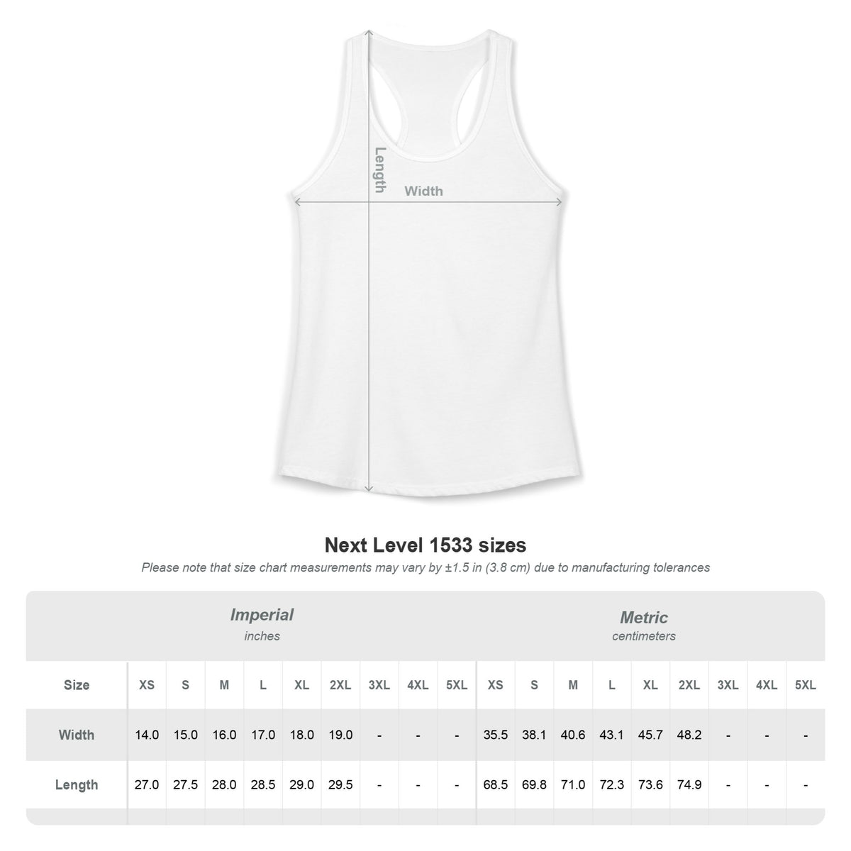 White racerback tank top shown with width and length size chart