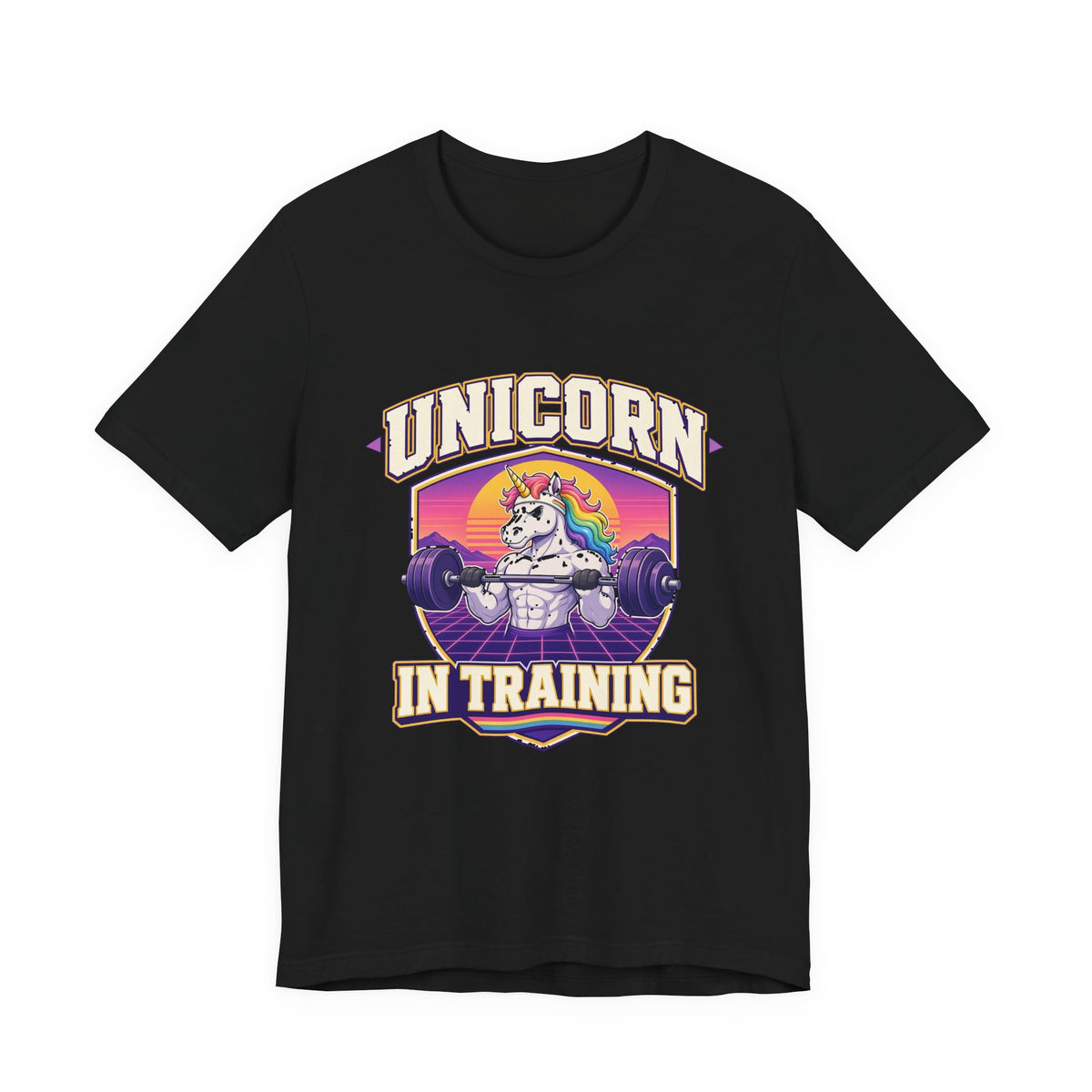 Black T-shirt with front unicorn-in-training graphic