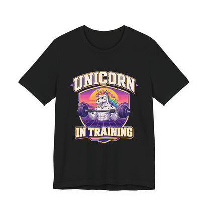 Black T-shirt with front unicorn-in-training graphic