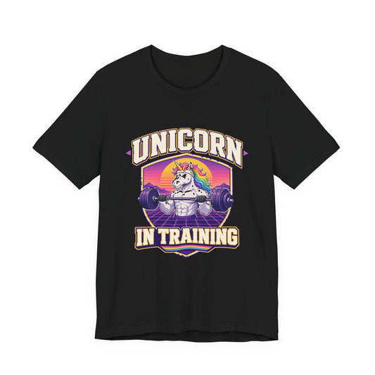 Black T-shirt with front unicorn-in-training graphic