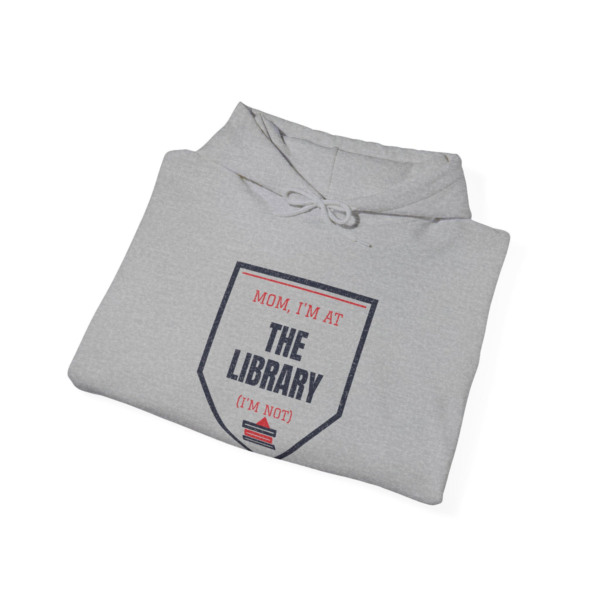 Light gray hoodie with drawstring hood and “The Library” graphic on chest
