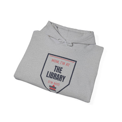 Light gray hoodie with drawstring hood and “The Library” graphic on chest