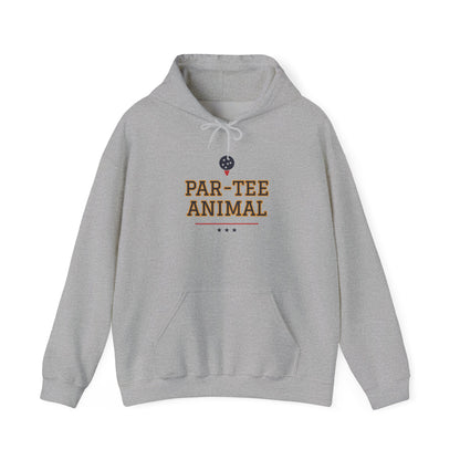 Light gray pullover hoodie with kangaroo pocket, drawstrings, animal graphic chest print.