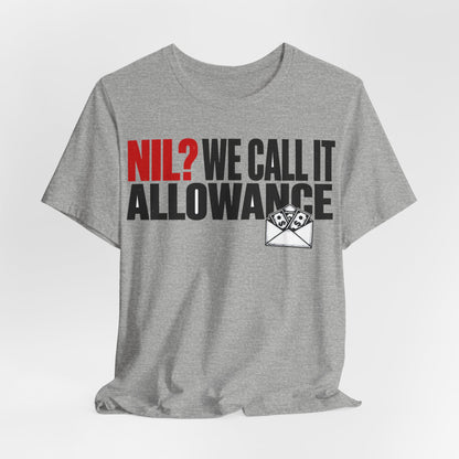 Athletic heather crewneck short-sleeve graphic tee with NIL Allowance text and envelope icon