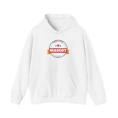 White pullover hoodie with hood, drawstrings, and front mascot logo graphic