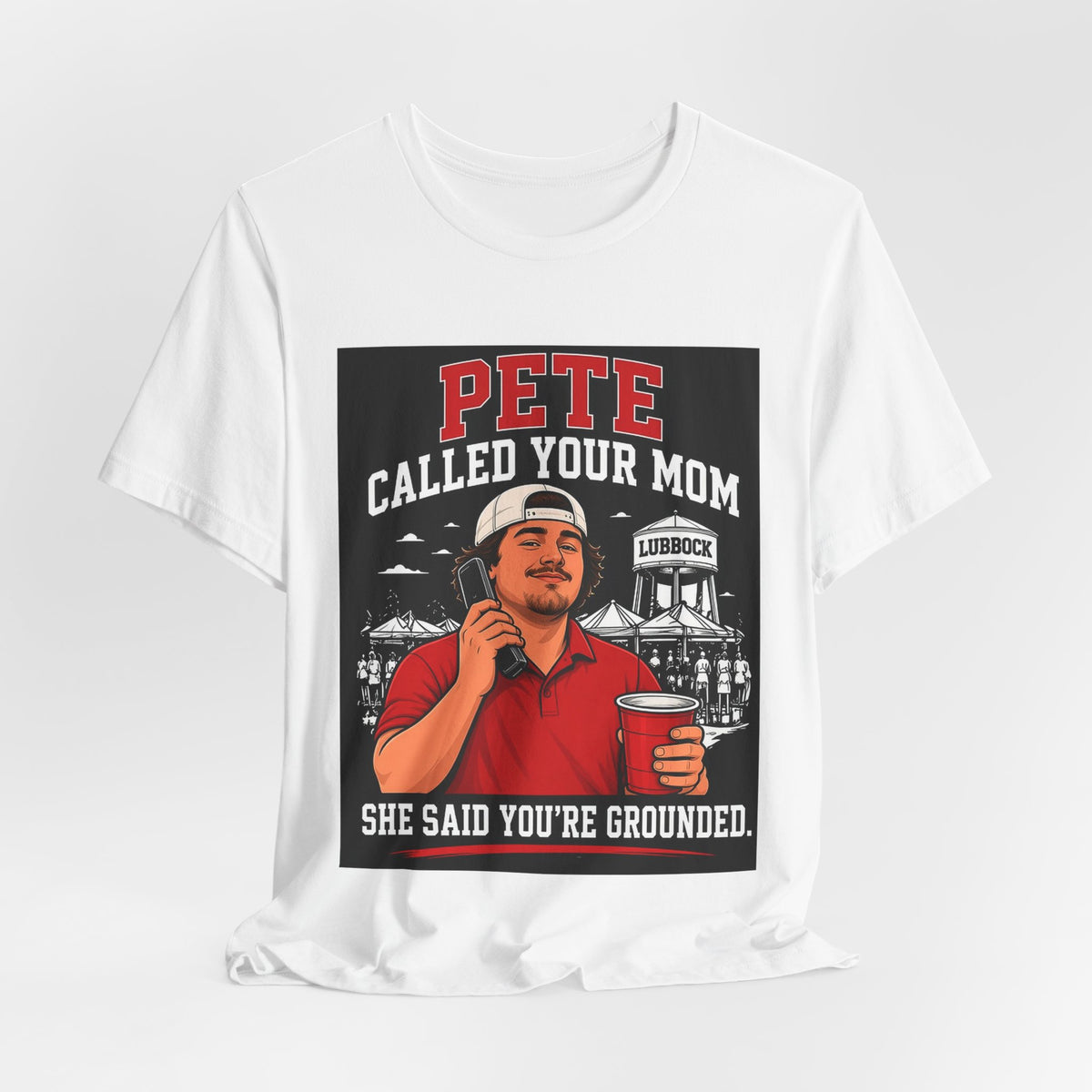 White graphic T-shirt front view with red "PETE" headline and "Lubbock" text