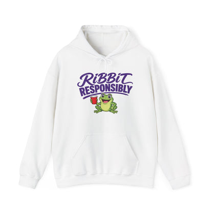 White hoodie with front pocket, drawstring hood, and Ribbit Responsibly frog graphic