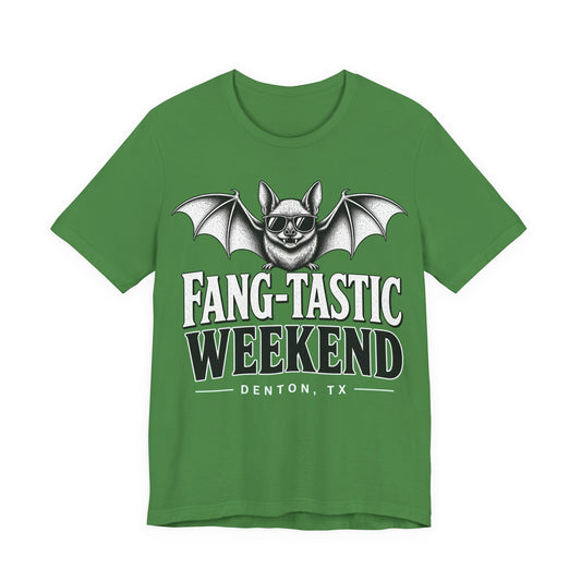 Leaf green short-sleeve tee with silver bat graphic and 'FANG-TASTIC WEEKEND' print