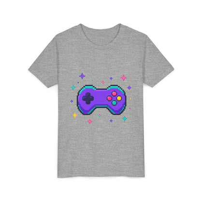 Kids T-shirt, heather gray short sleeves, pixel game controller graphic on front
