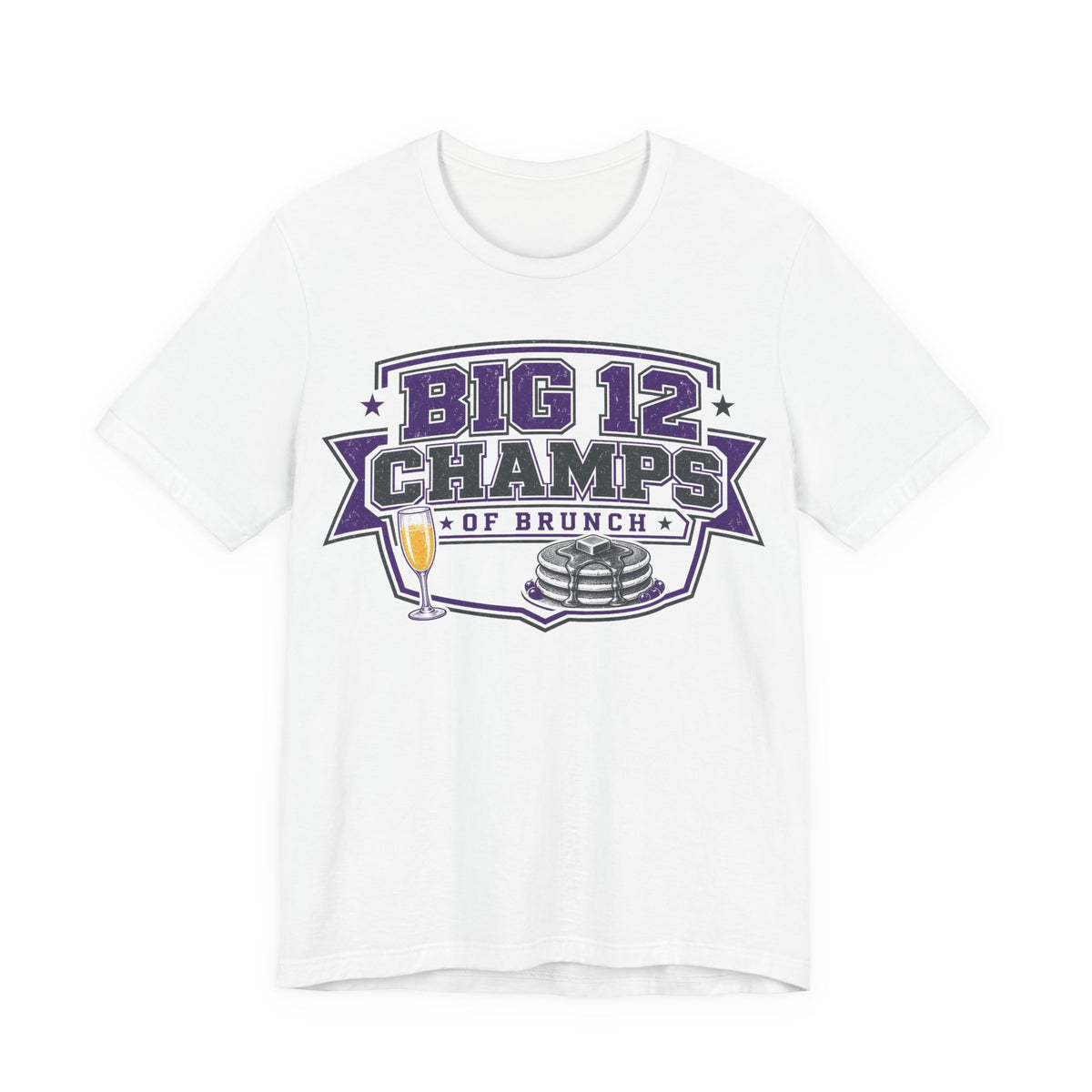White crewneck T-shirt with BIG 12 CHAMPS OF BRUNCH graphic and trophies