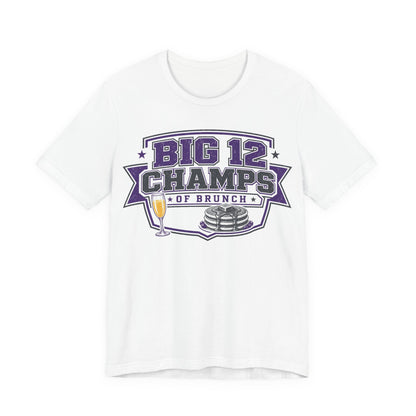 White crewneck T-shirt with BIG 12 CHAMPS OF BRUNCH graphic and trophies