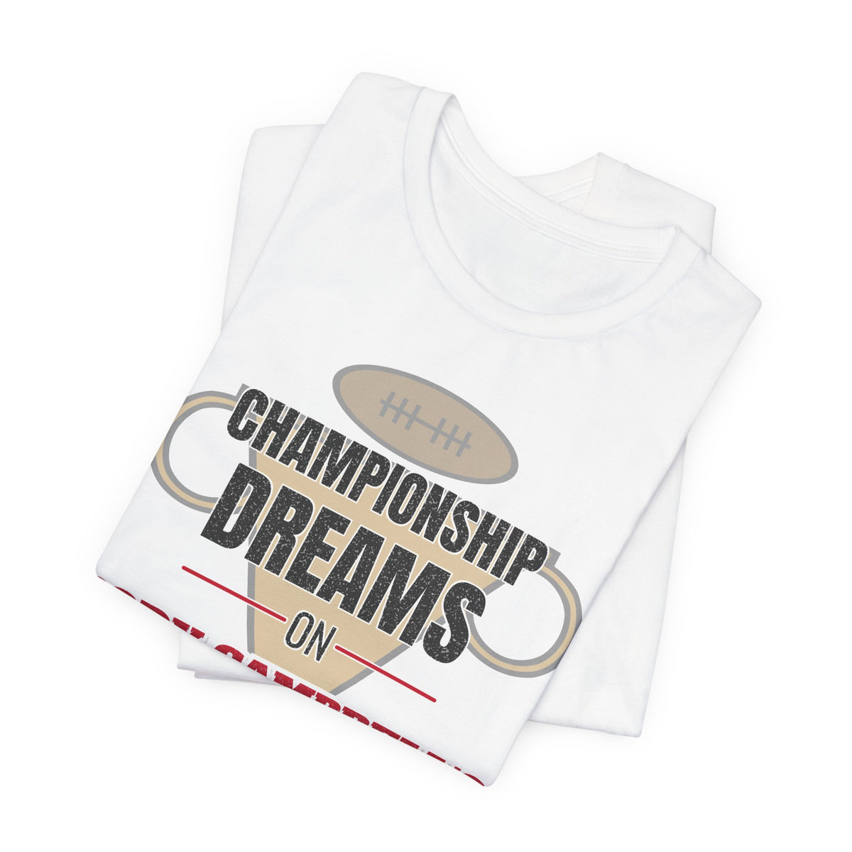 White graphic T-shirt stacked pair with football-helmet 'Championship Dreams' logo