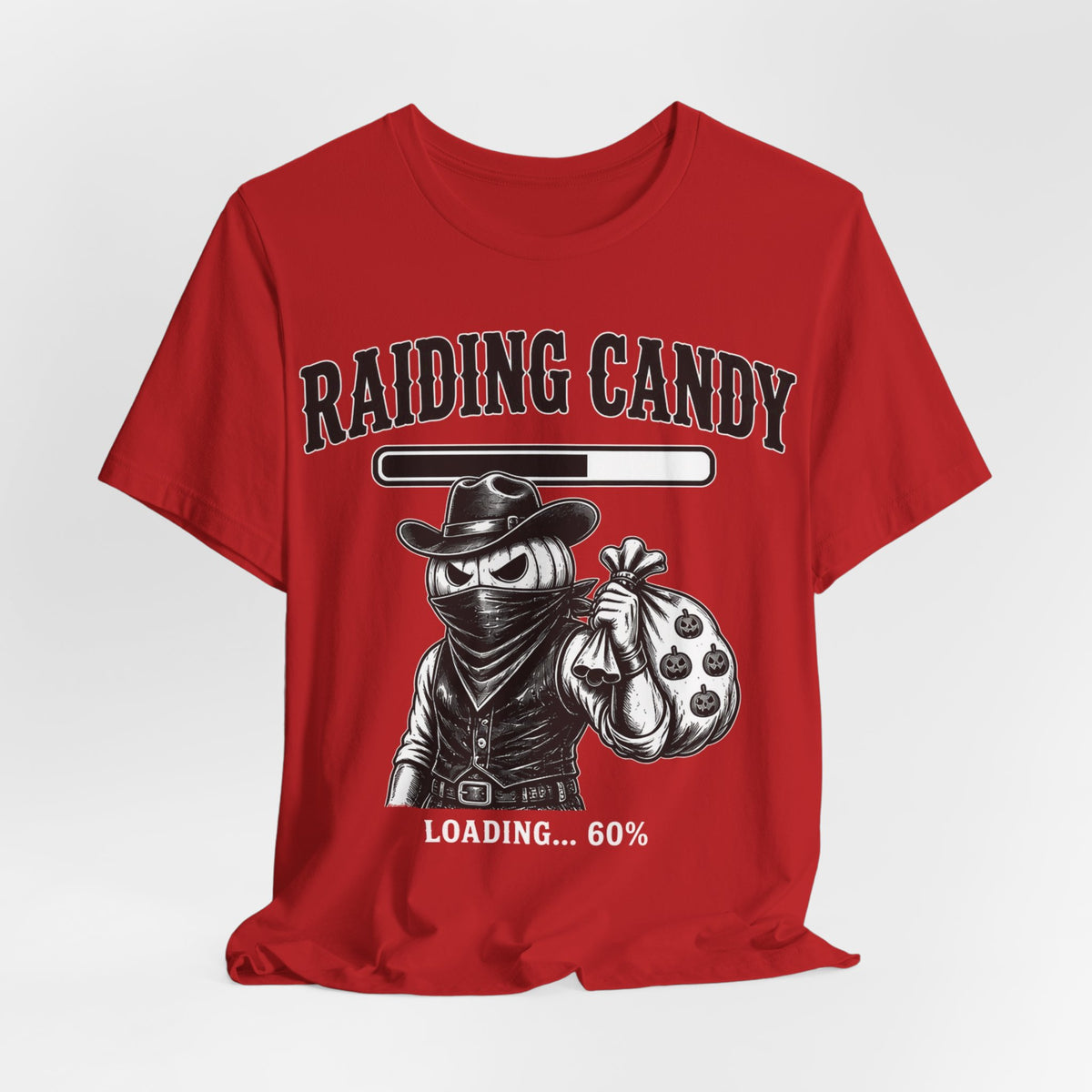 Red crewneck T-shirt with front graphic of masked cowboy holding candy