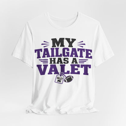 White TCU graphic tee with 'My Tailgate Has a Valet' text and valet badge front