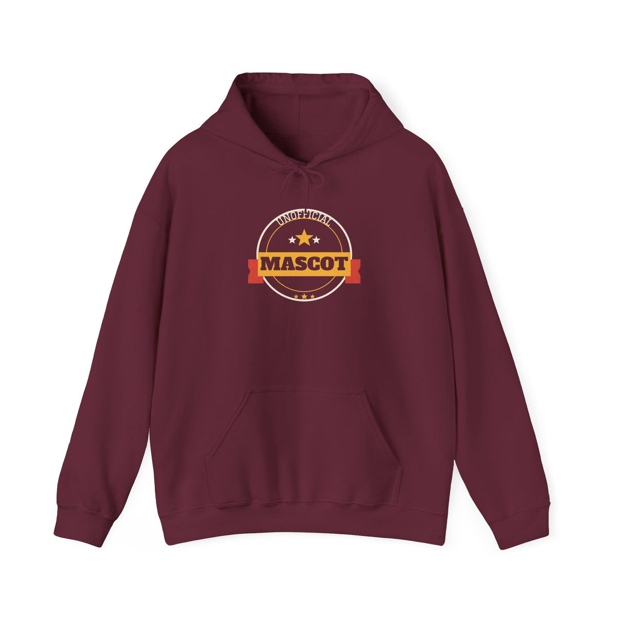 Maroon pullover hoodie with hood, drawstrings, and front mascot logo graphic