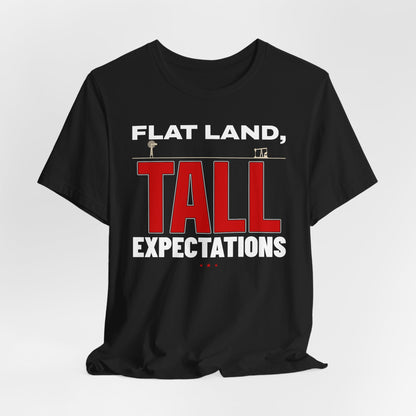 Black crewneck T-shirt with 'FLAT LAND, TALL EXPECTATIONS' front graphic