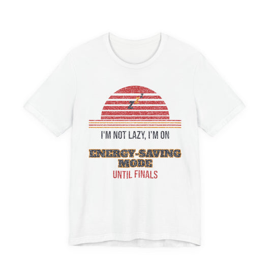 White crew-neck T-shirt with red-and-yellow retro energy-saving graphic text