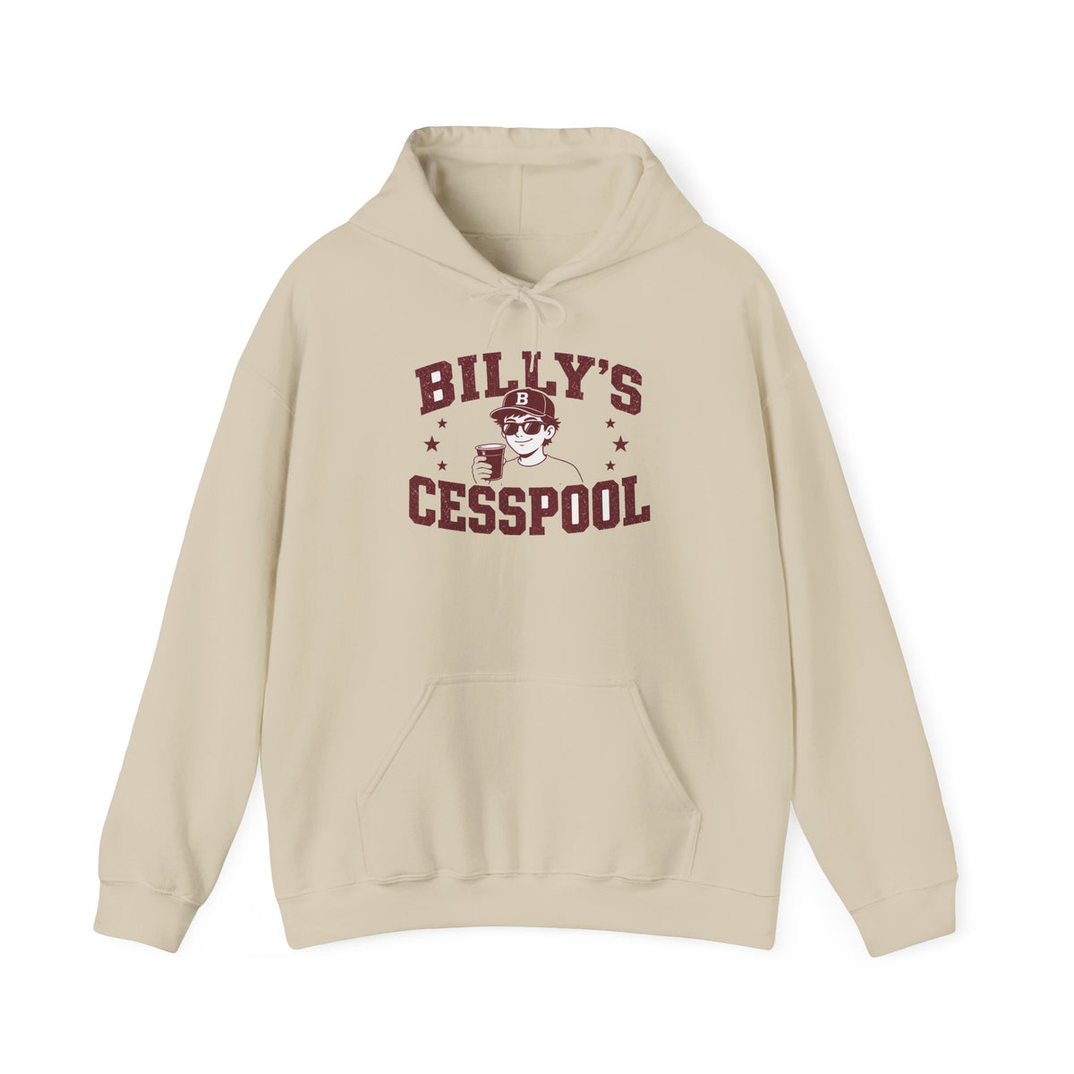Sand pullover hoodie with kangaroo pocket, drawstring hood, and 'BILLY'S CESSPOOL' print