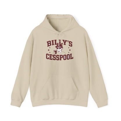 Sand pullover hoodie with kangaroo pocket, drawstring hood, and 'BILLY'S CESSPOOL' print
