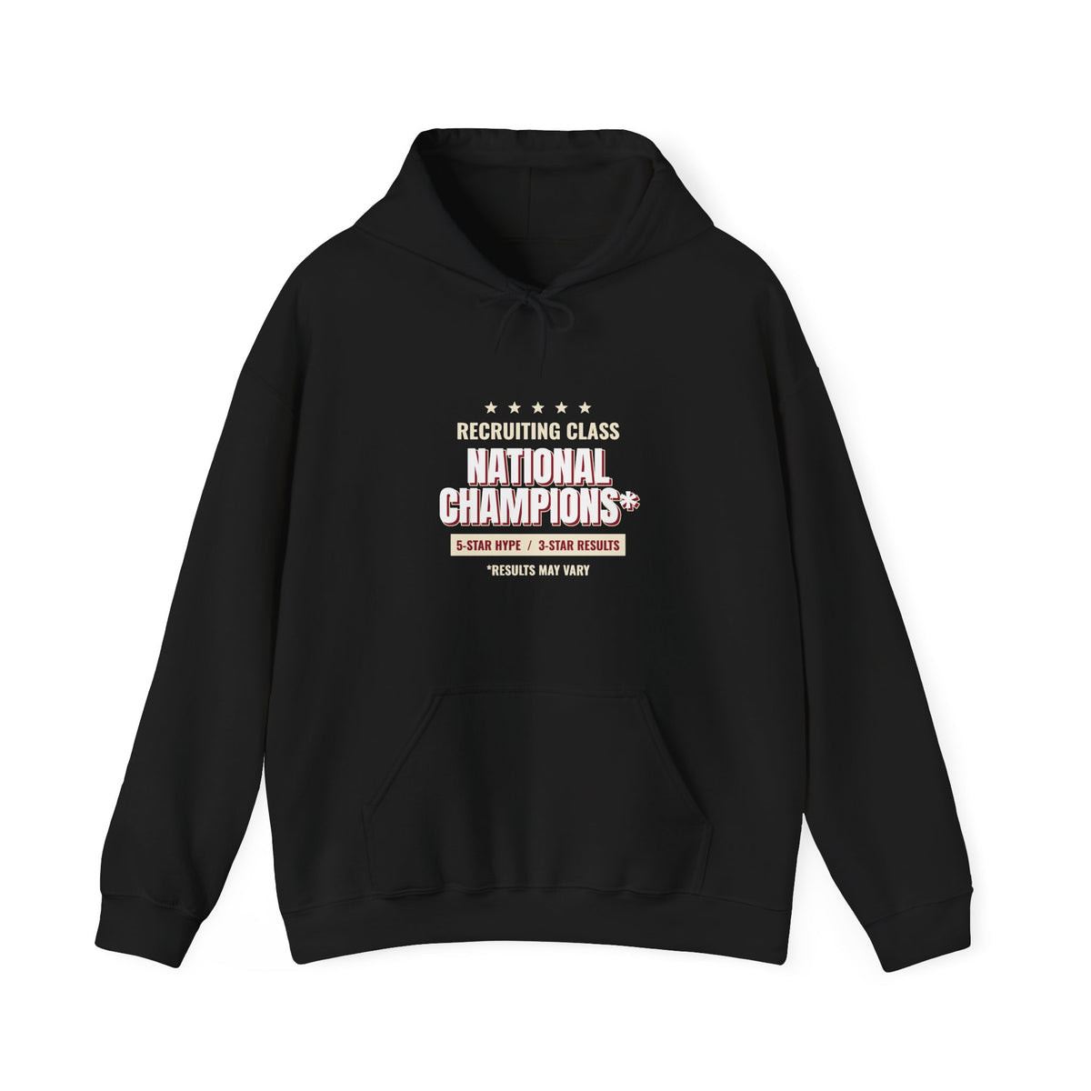 Black pullover hoodie with front pocket, drawstring hood, and National Champions chest graphic
