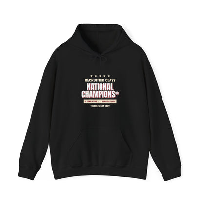 Black pullover hoodie with front pocket, drawstring hood, and National Champions chest graphic