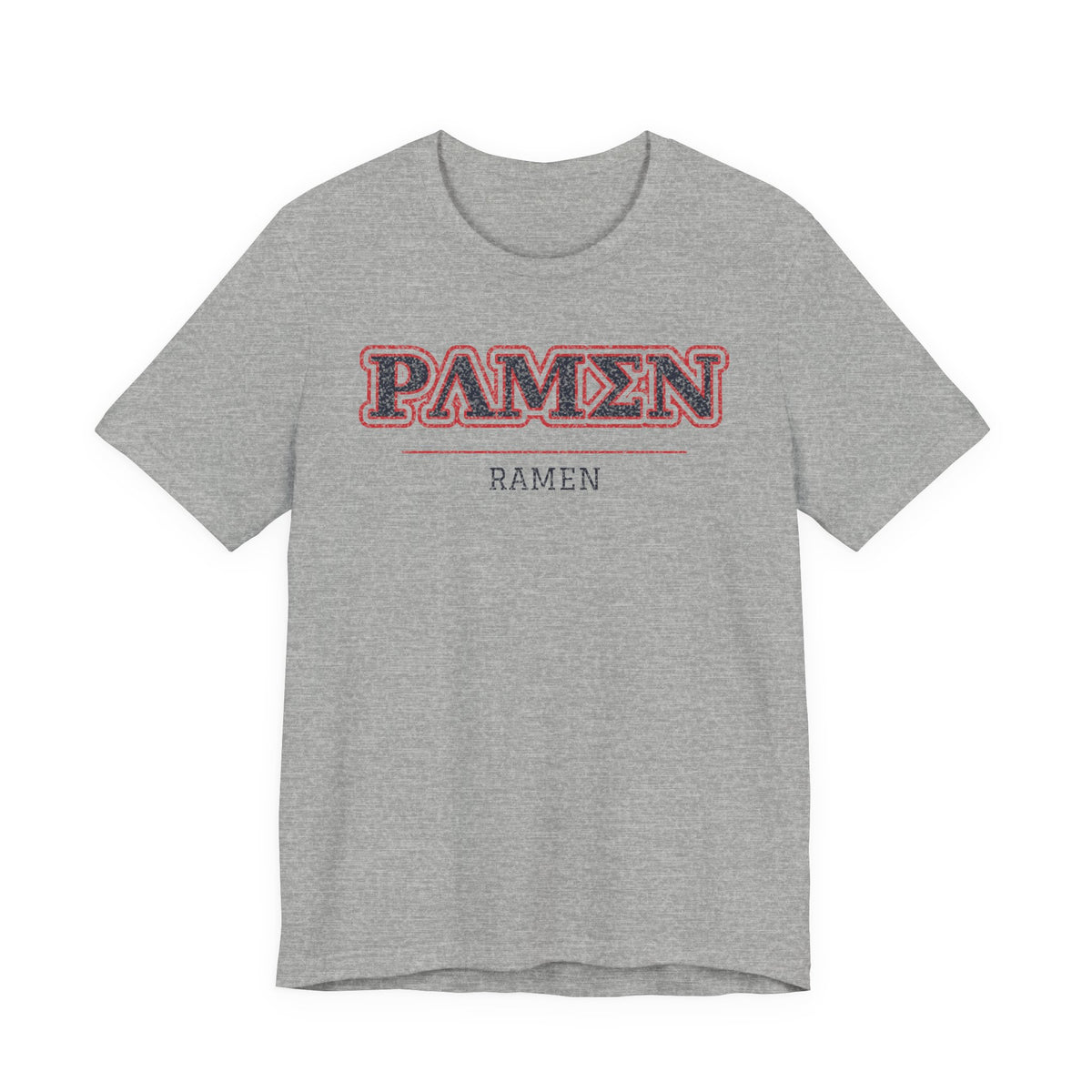 Heather gray crew-neck T-shirt with PAMEN ramen graphic on chest