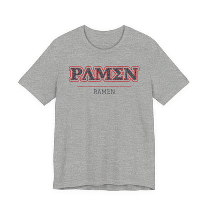 Heather gray crew-neck T-shirt with PAMEN ramen graphic on chest