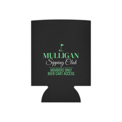 Black can koozie with green Mulligan Sipping Club logo on front.