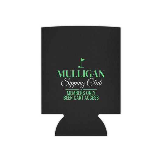 Black can koozie with green Mulligan Sipping Club logo on front.