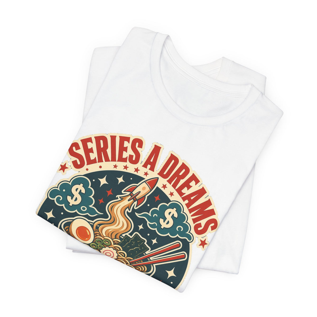 White crewneck tee with angled "SERIES A DREAMS" "RAMEN BUDGET" ramen bowl graphic