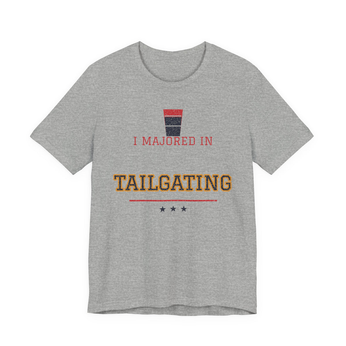 Athletic heather gray graphic T-shirt with “I majored in Tailgating” print