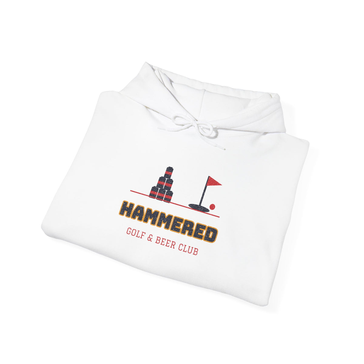 White pullover hoodie with drawstring hood and front graphic logo