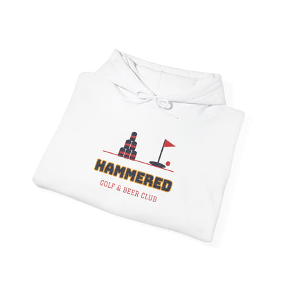 White pullover hoodie with drawstring hood and front graphic logo