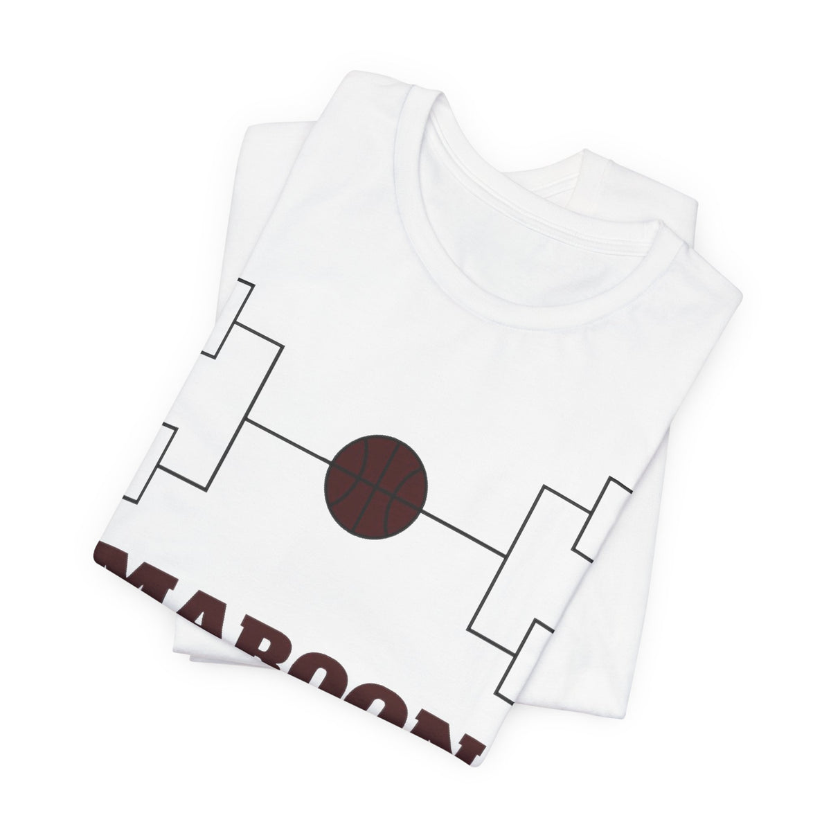 White tee showing basketball bracket graphic and MAROON MADNESS text